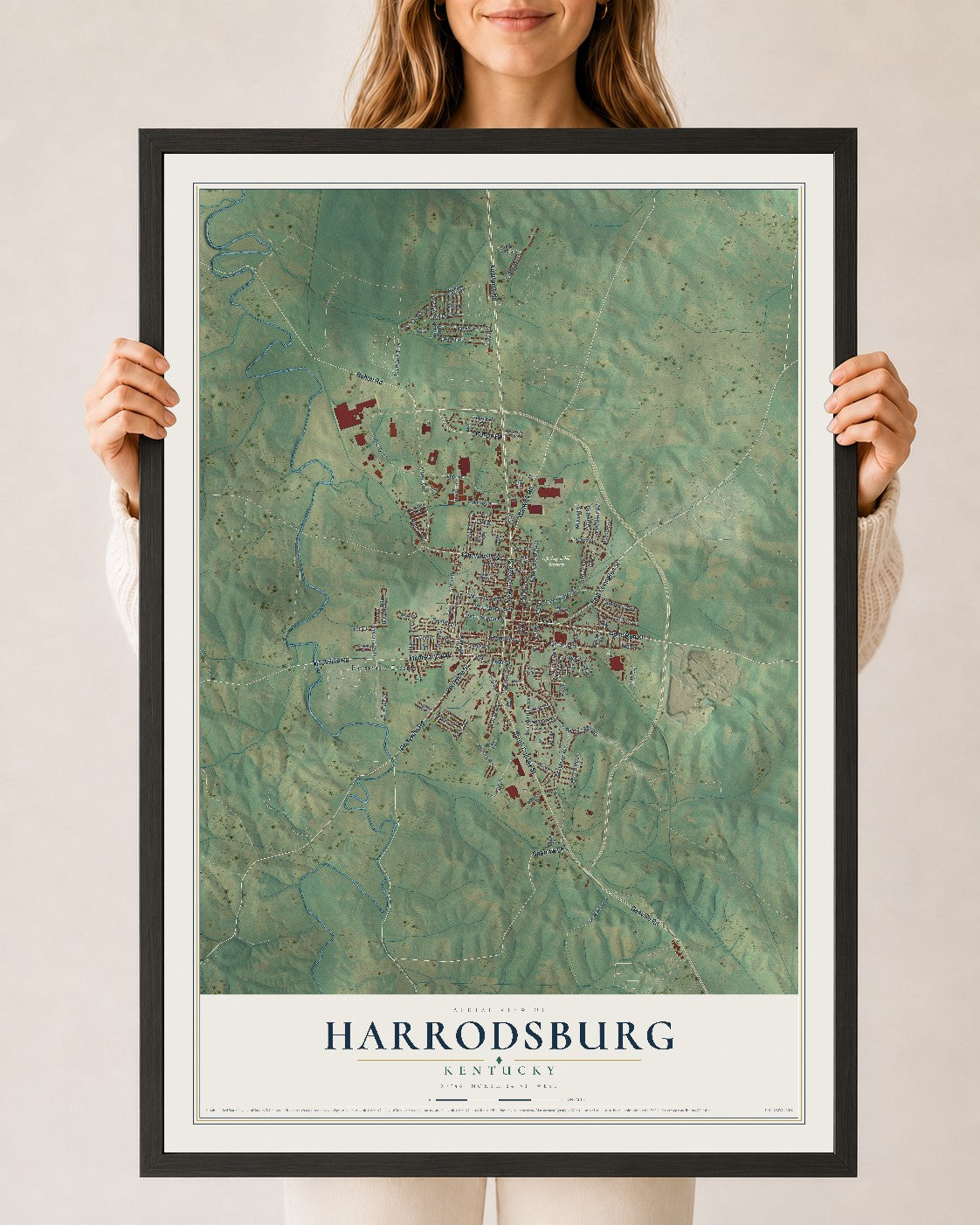 Map of Harrodsburg, Kentucky, 24 x 36 inch print in a black wood frame