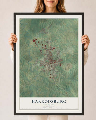 Map of Harrodsburg, Kentucky, 24 x 36 inch print in a black wood frame