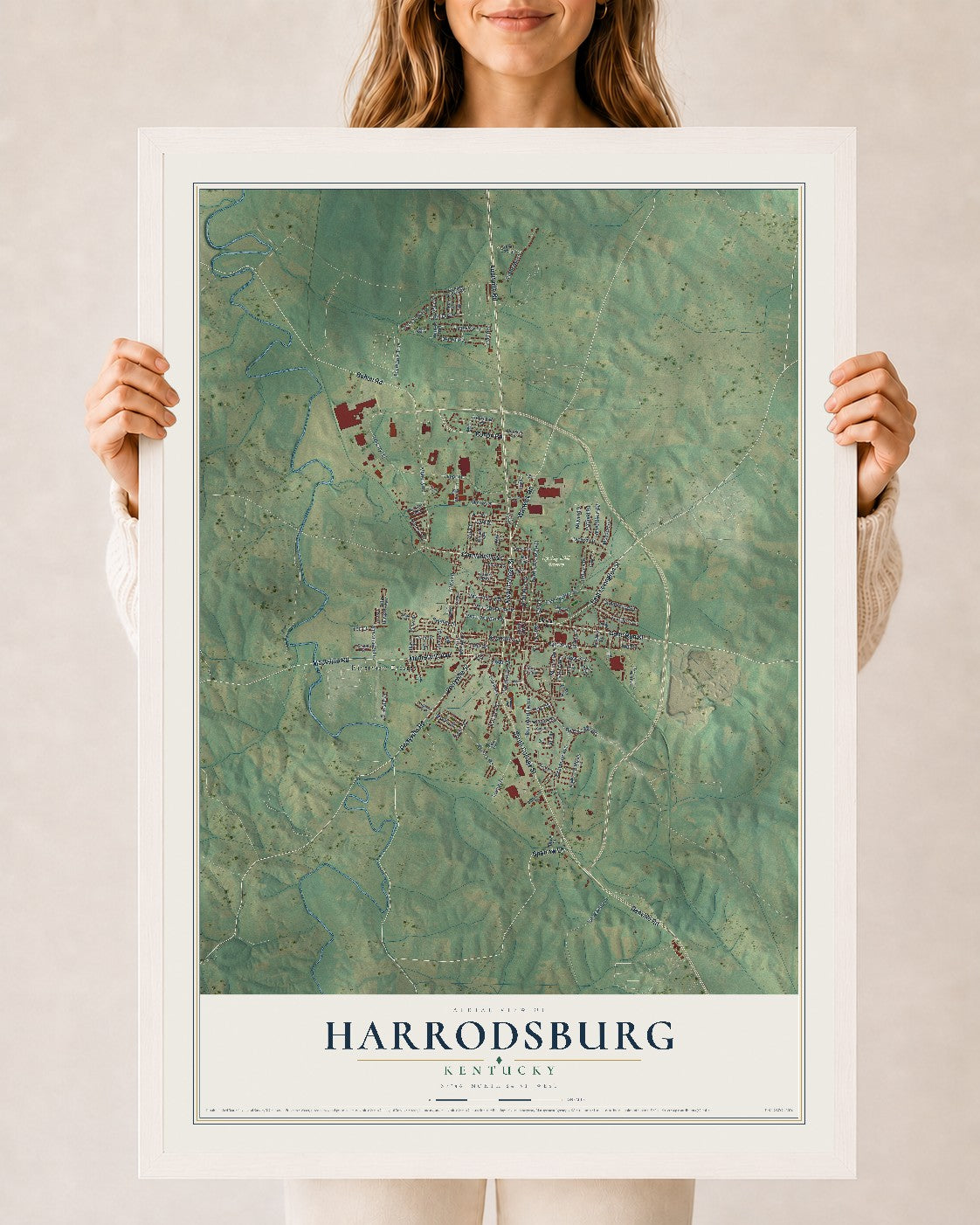 Map of Harrodsburg, Kentucky, 24 x 36 inch print in a white wood frame