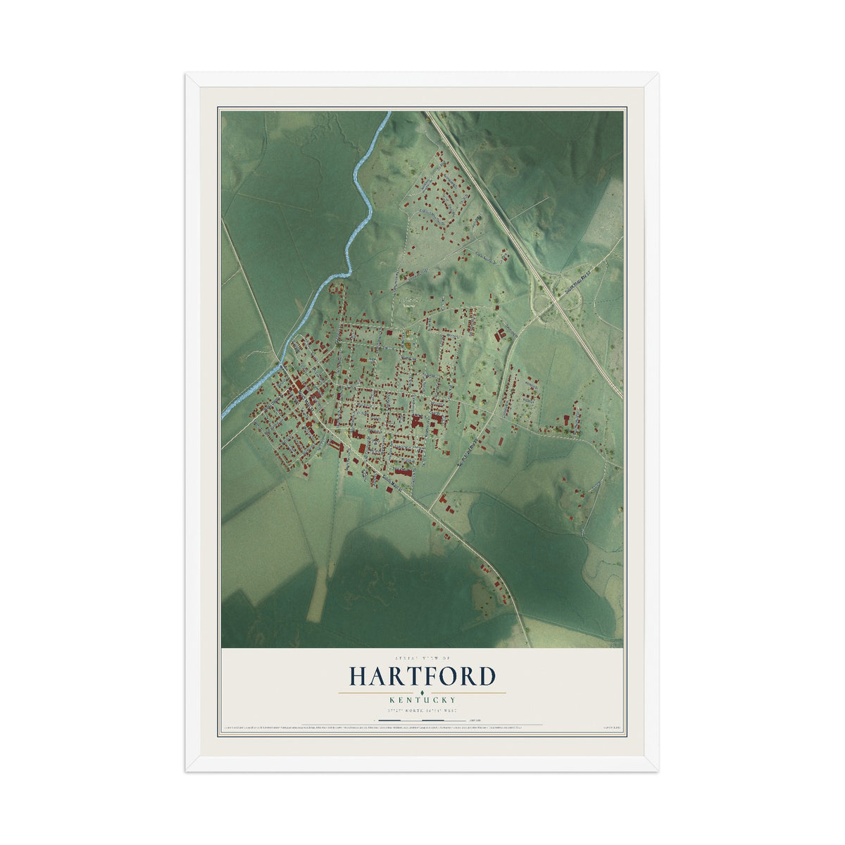 Map of Hartford, Kentucky, 12 x 18 inch print in a white wood frame