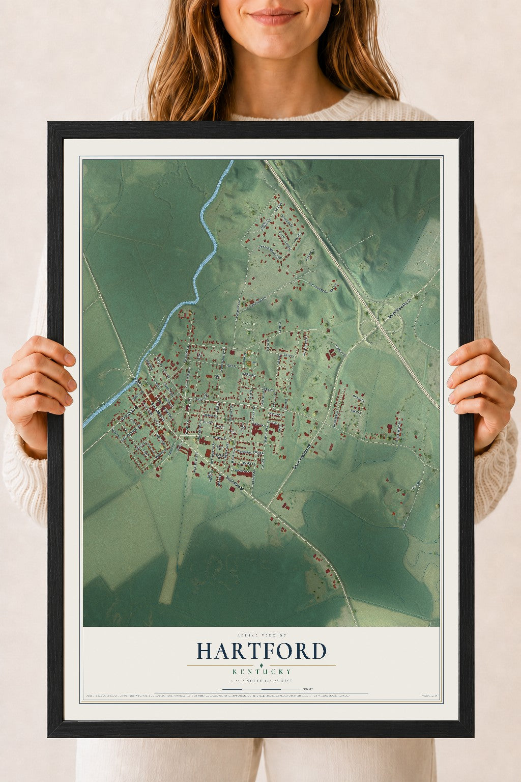Map of Hartford, Kentucky, 18 x 24 inch print in a black wood frame