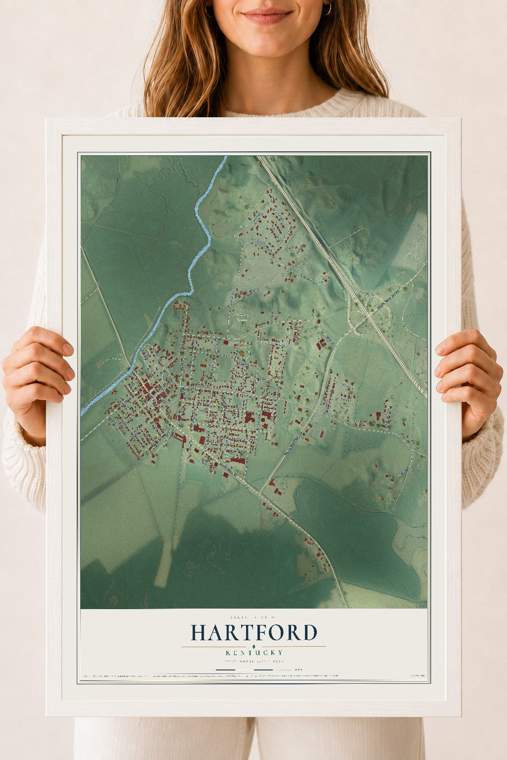 Map of Hartford, Kentucky, 18 x 24 inch print in a white wood frame