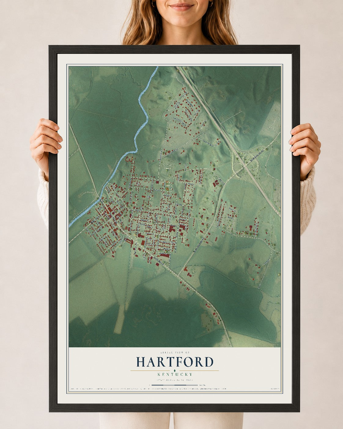 Map of Hartford, Kentucky, 24 x 36 inch print in a black wood frame