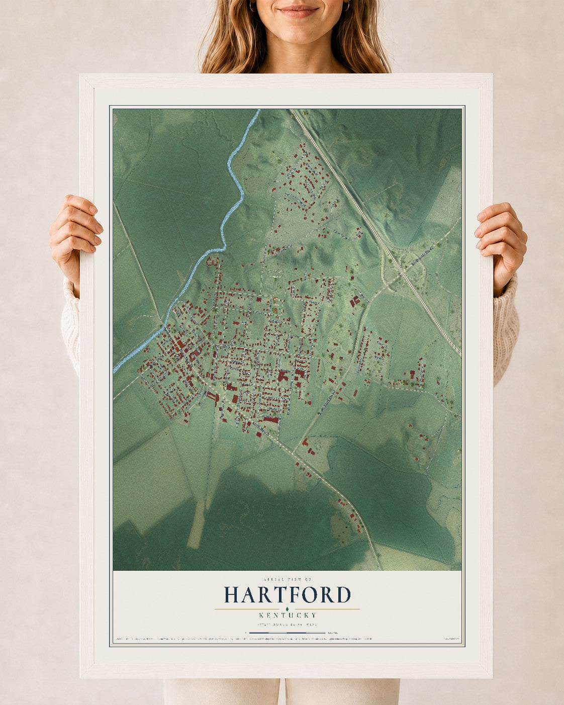 Map of Hartford, Kentucky, 24 x 36 inch print in a white wood frame