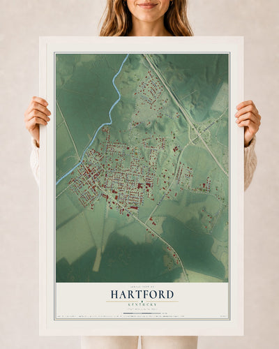Map of Hartford, Kentucky, 24 x 36 inch print in a white wood frame