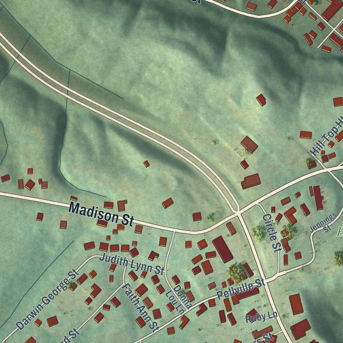 Second close-up of the map of Hawesville, Kentucky print showing more streets and buildings