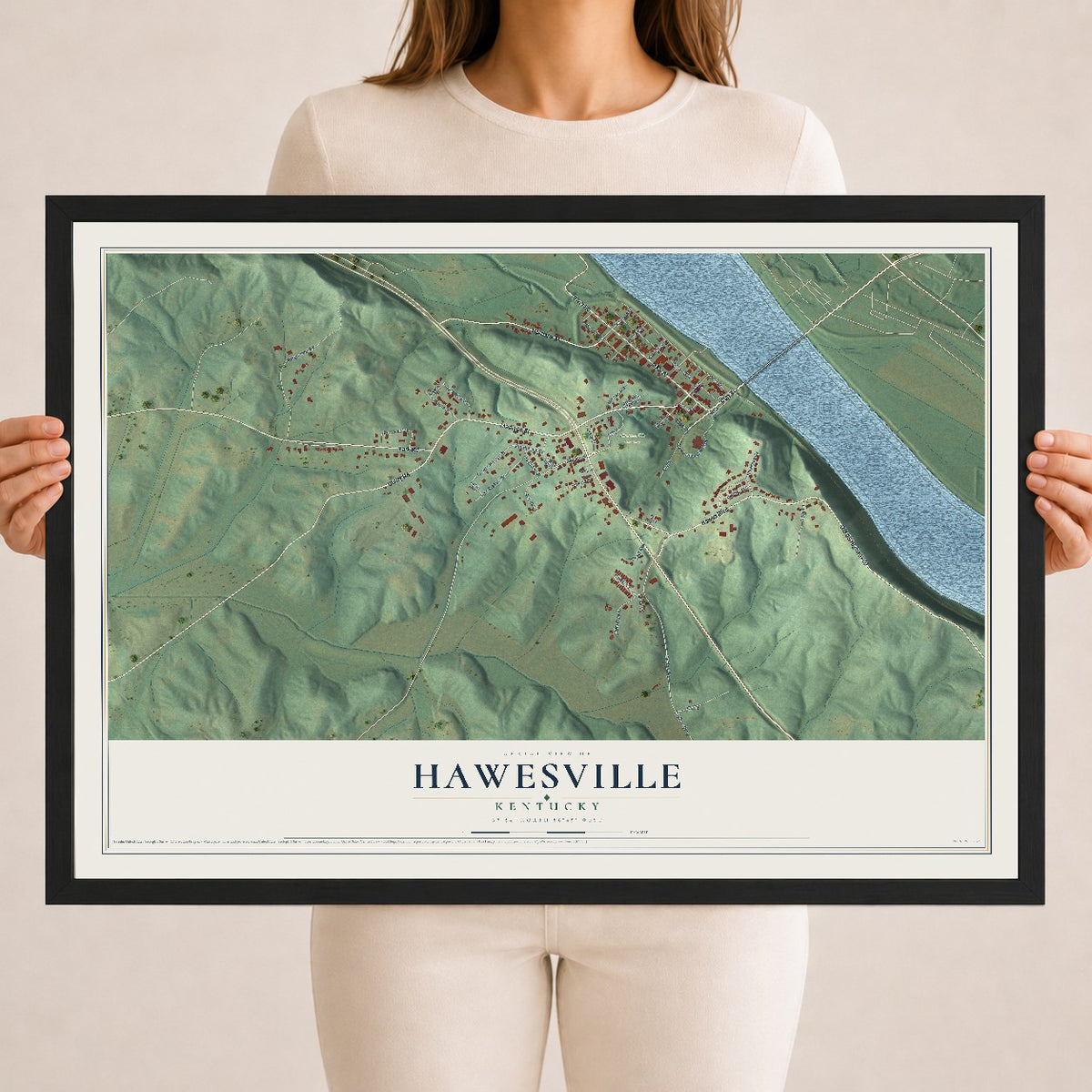 Map of Hawesville, Kentucky, 18 x 24 inch print in a black wood frame