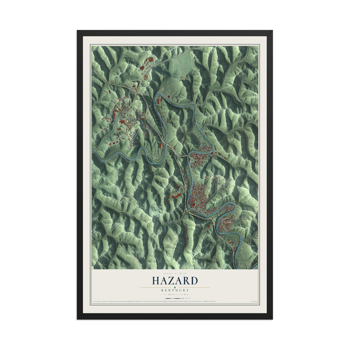 Map of Hazard, Kentucky, 12 x 18 inch print in a black wood frame