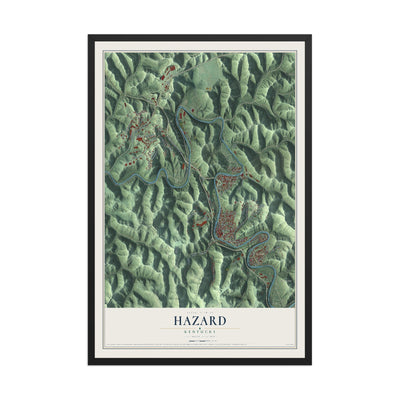 Map of Hazard, Kentucky, 12 x 18 inch print in a black wood frame