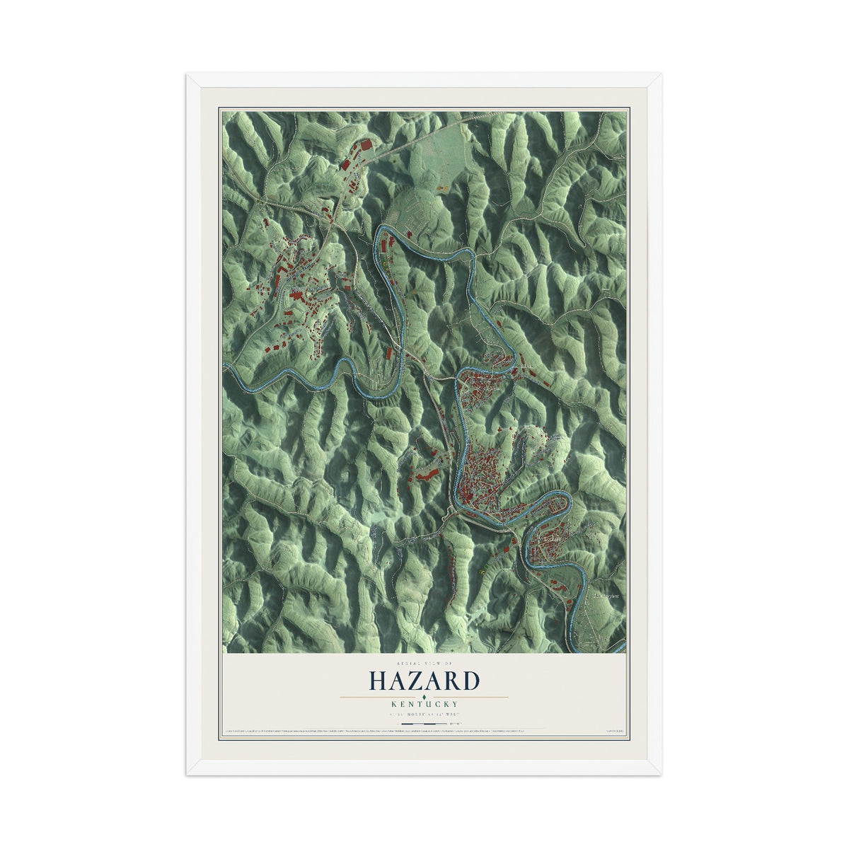 Map of Hazard, Kentucky, 12 x 18 inch print in a white wood frame