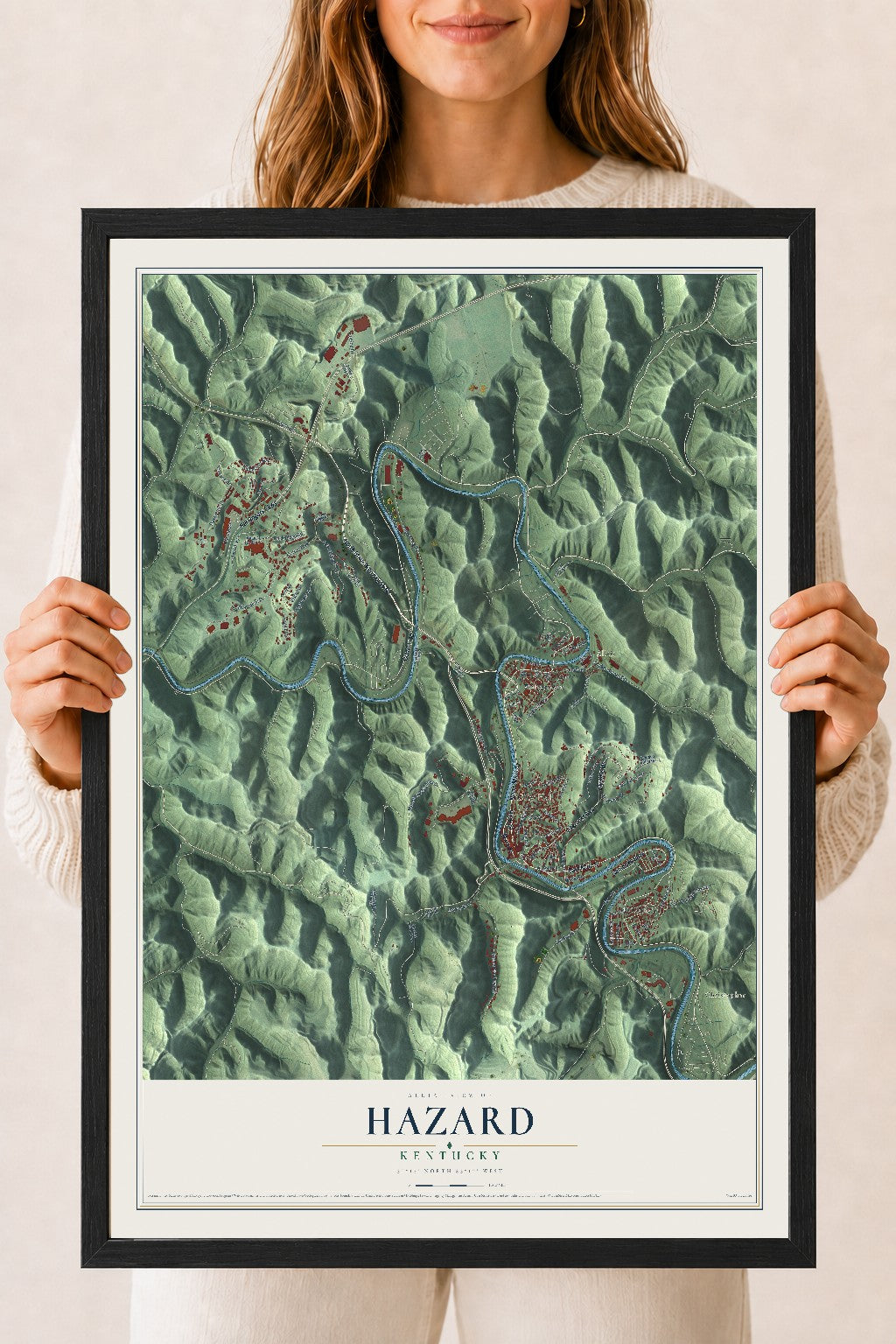 Map of Hazard, Kentucky, 18 x 24 inch print in a black wood frame
