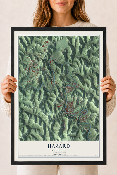 Map of Hazard, Kentucky, 18 x 24 inch print in a black wood frame