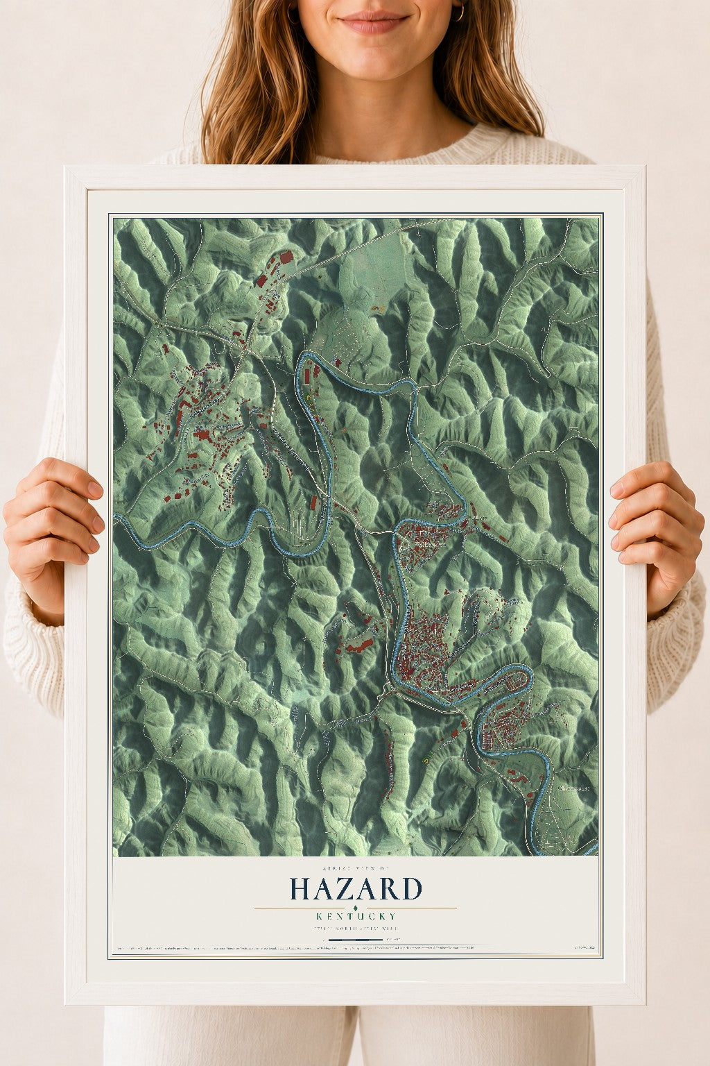 Map of Hazard, Kentucky, 18 x 24 inch print in a white wood frame