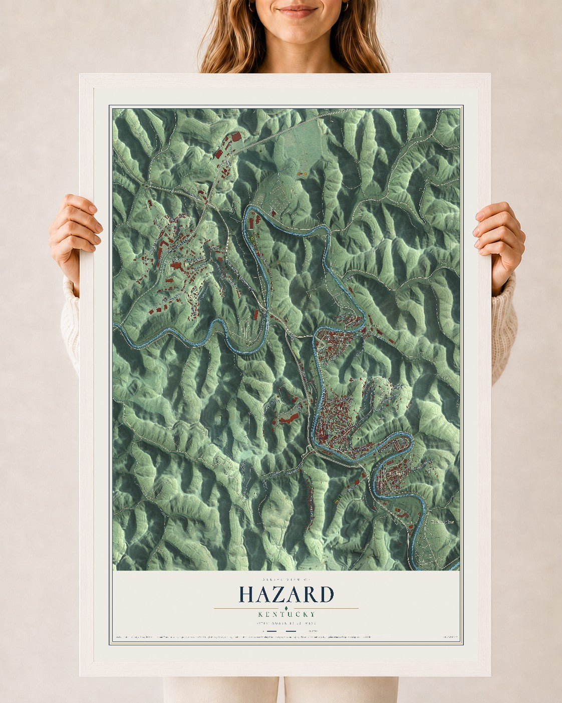 Map of Hazard, Kentucky, 24 x 36 inch print in a white wood frame