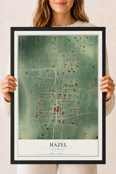 Map of Hazel, Kentucky, 18 x 24 inch print in a black wood frame