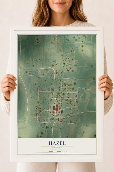 Map of Hazel, Kentucky, 18 x 24 inch print in a white wood frame