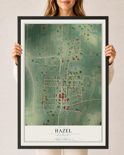 Map of Hazel, Kentucky, 24 x 36 inch print in a black wood frame