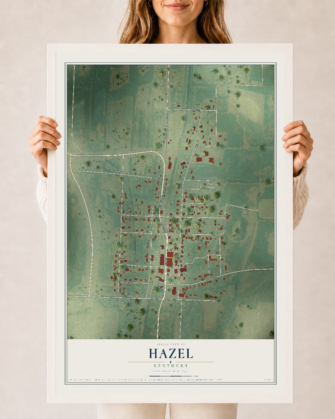 Map of Hazel, Kentucky, 24 x 36 inch print in a white wood frame