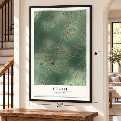 Heath, Kentucky map, 24 x 36 inch print in a black frame by a staircase