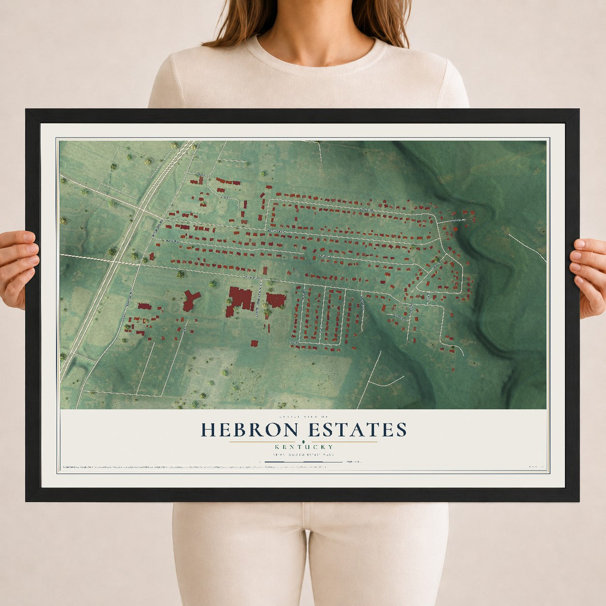 Map of Hebron Estates, Kentucky, 18 x 24 inch print in a black wood frame