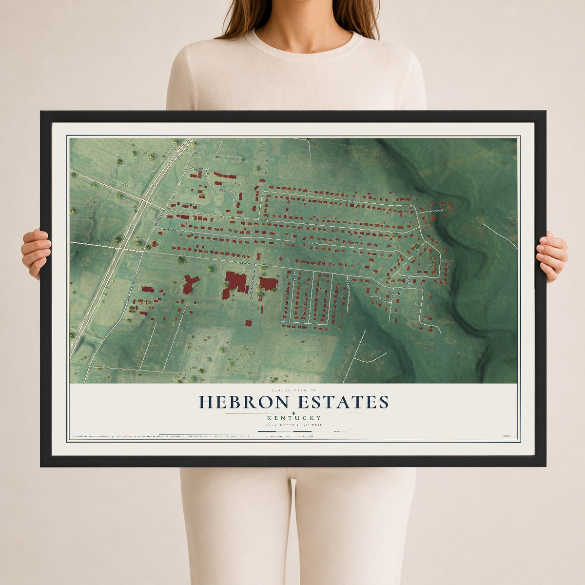 Map of Hebron Estates, Kentucky, 24 x 36 inch print in a black wood frame