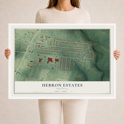 Map of Hebron Estates, Kentucky, 24 x 36 inch print in a white wood frame