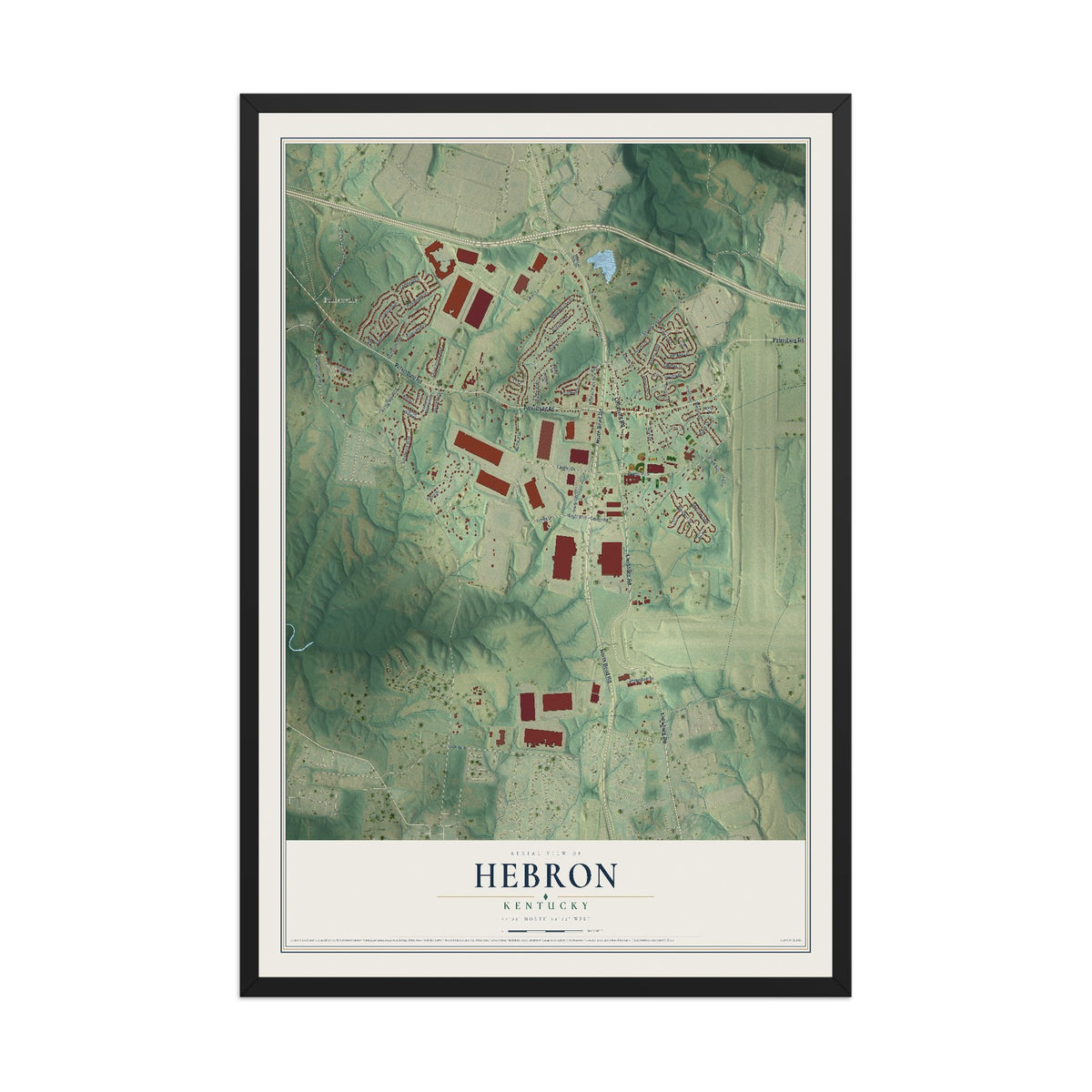 Map of Hebron, Kentucky, 12 x 18 inch print in a black wood frame