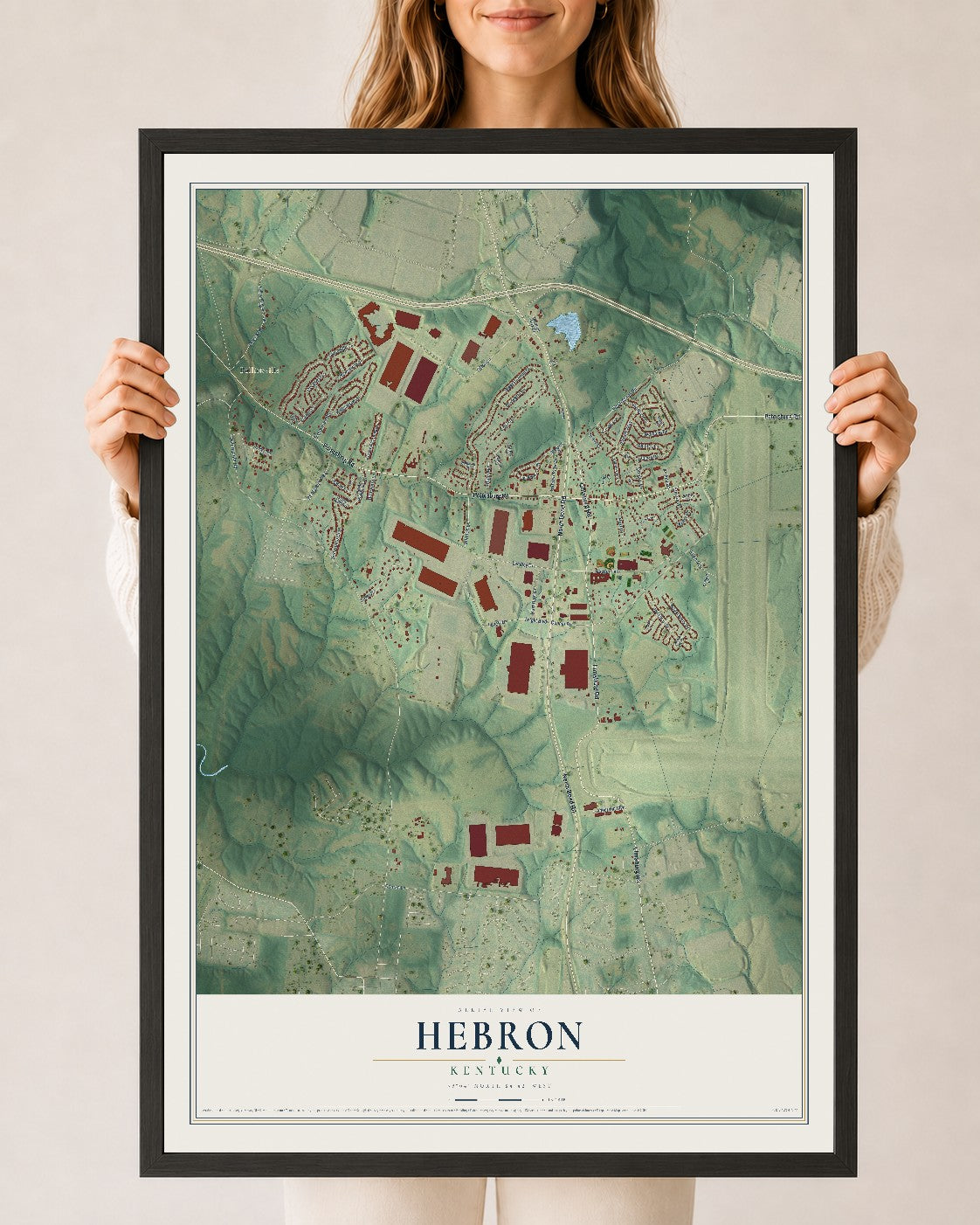 Map of Hebron, Kentucky, 24 x 36 inch print in a black wood frame