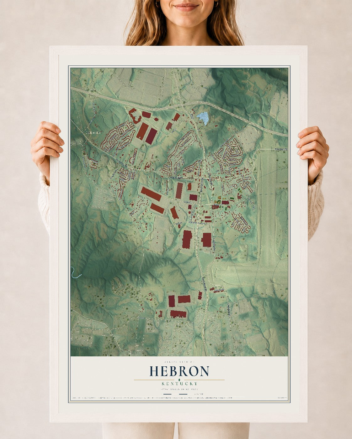 Map of Hebron, Kentucky, 24 x 36 inch print in a white wood frame