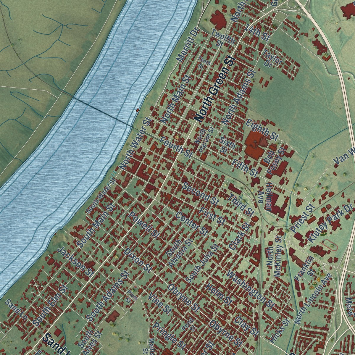 Close-up of the map of Henderson, Kentucky print showing street and building detail
