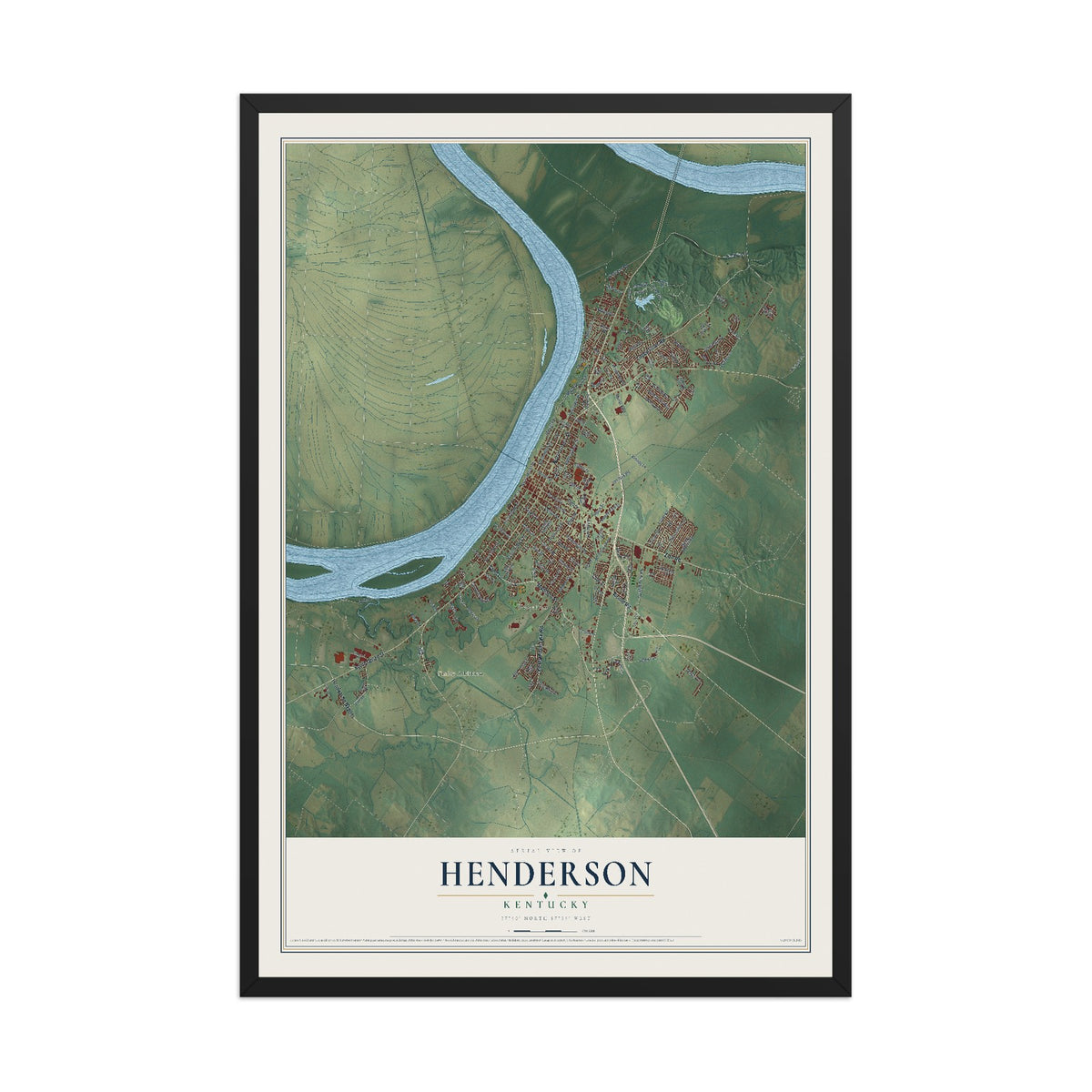 Map of Henderson, Kentucky, 12 x 18 inch print in a black wood frame