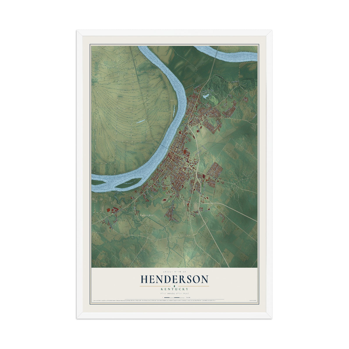 Map of Henderson, Kentucky, 12 x 18 inch print in a white wood frame