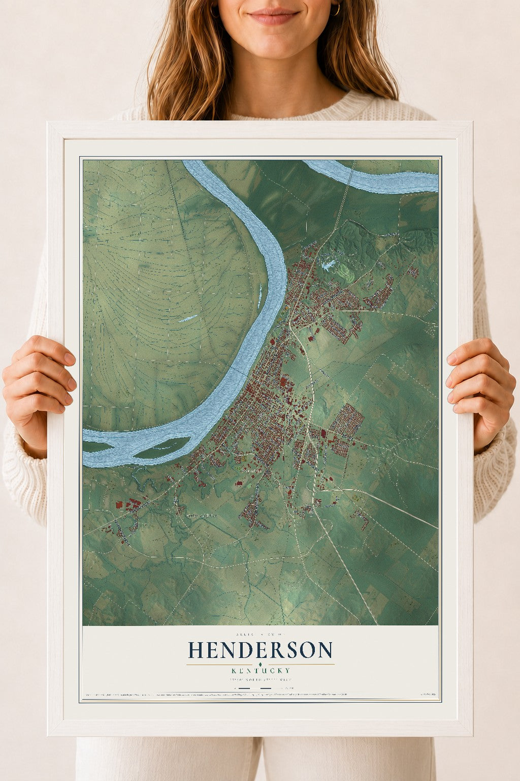 Map of Henderson, Kentucky, 18 x 24 inch print in a white wood frame
