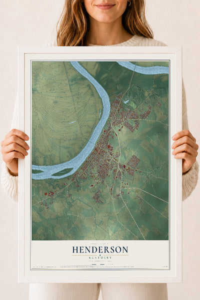 Map of Henderson, Kentucky, 18 x 24 inch print in a white wood frame