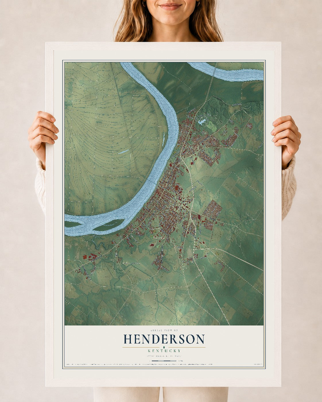 Map of Henderson, Kentucky, 24 x 36 inch print in a white wood frame