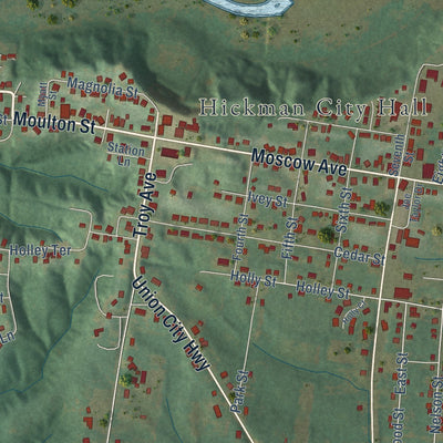Second close-up of the map of Hickman, Kentucky print showing more streets and buildings