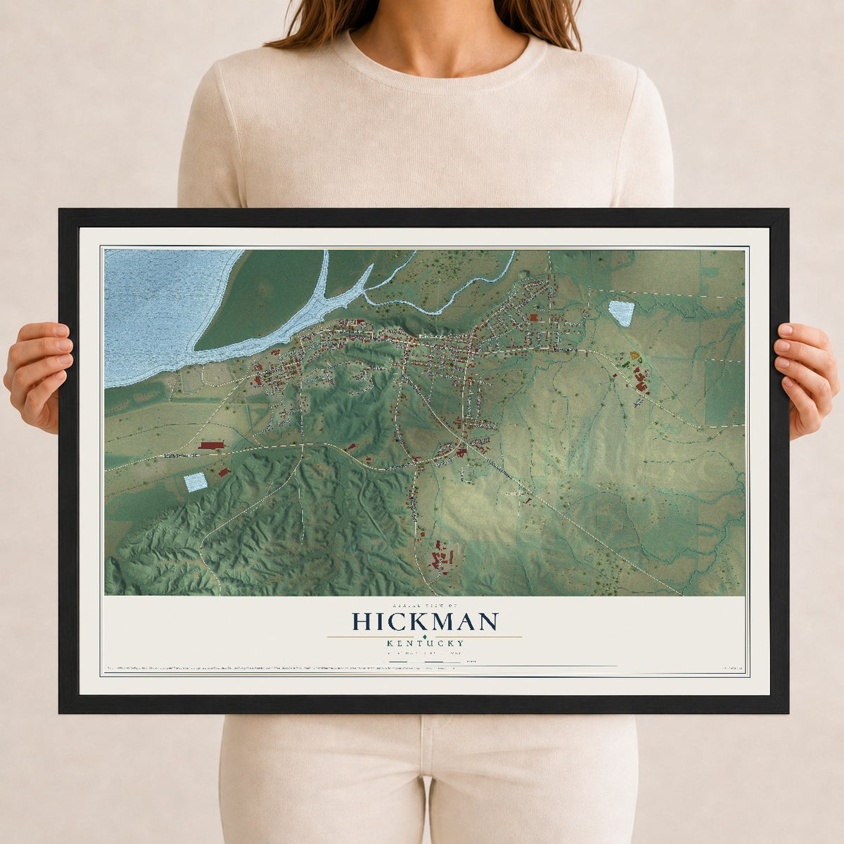 Map of Hickman, Kentucky, 12 x 18 inch print in a black wood frame