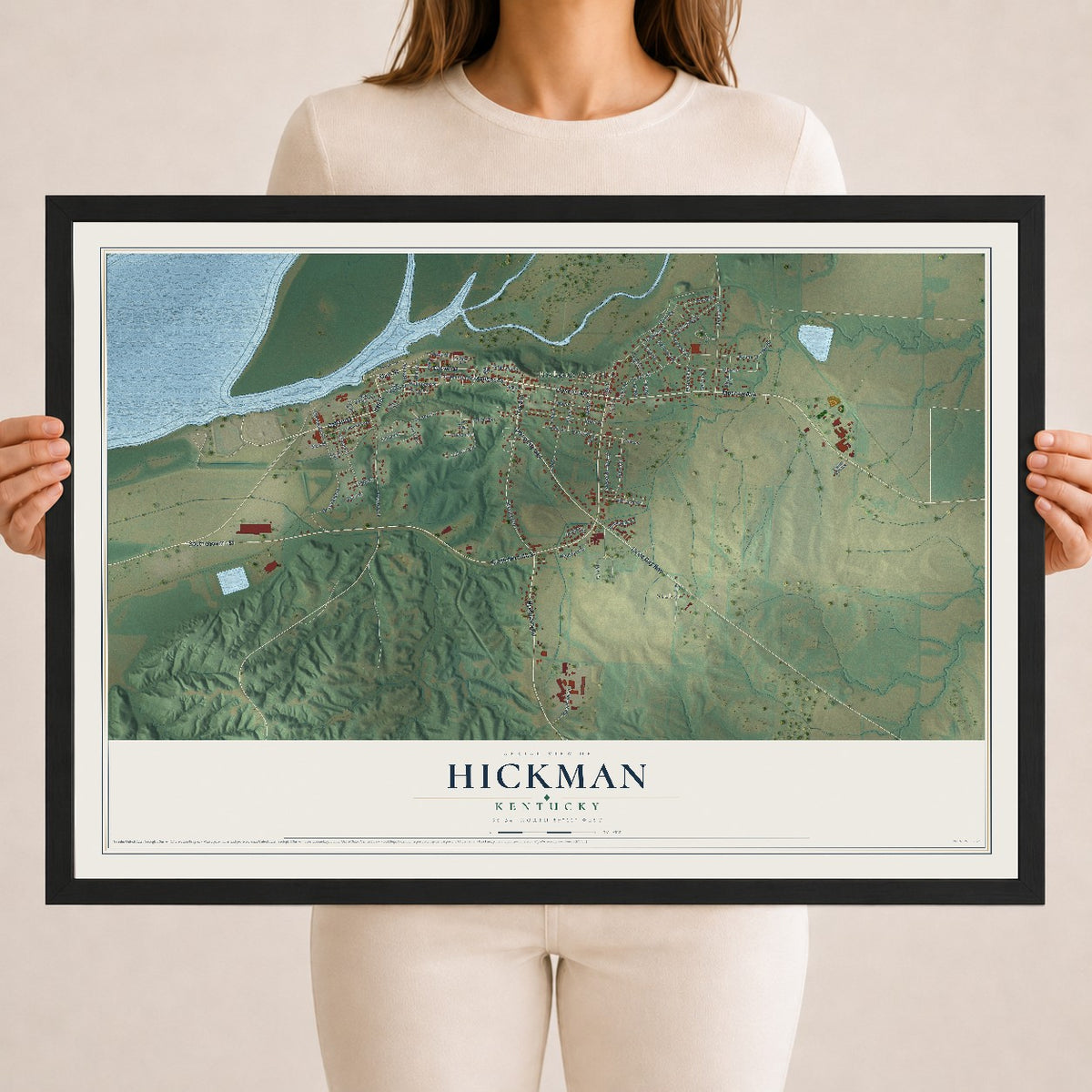 Map of Hickman, Kentucky, 18 x 24 inch print in a black wood frame