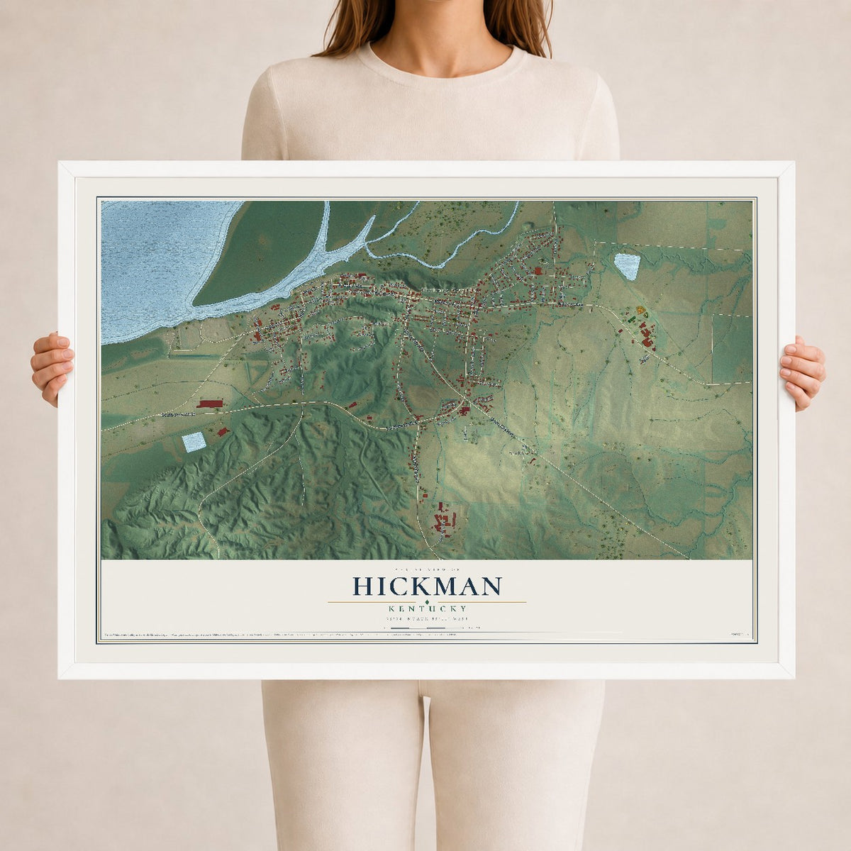 Map of Hickman, Kentucky, 24 x 36 inch print in a white wood frame