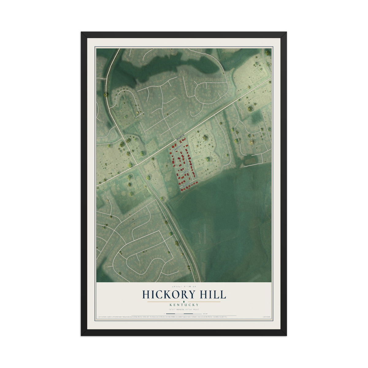 Map of Hickory Hill, Kentucky, 12 x 18 inch print in a black wood frame