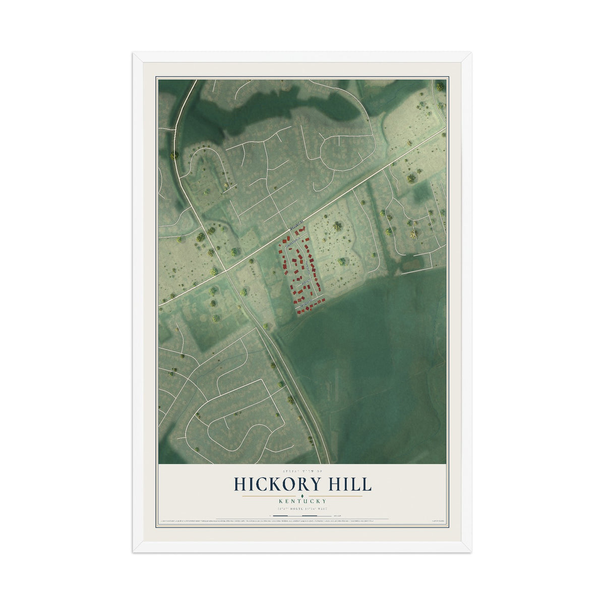 Map of Hickory Hill, Kentucky, 12 x 18 inch print in a white wood frame