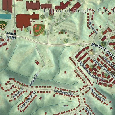 Close-up of the map of Highland Heights, Kentucky print showing street and building detail