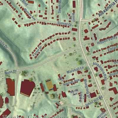 Second close-up of the map of Highland Heights, Kentucky print showing more streets and buildings