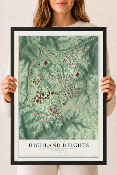 Map of Highland Heights, Kentucky, 18 x 24 inch print in a black wood frame