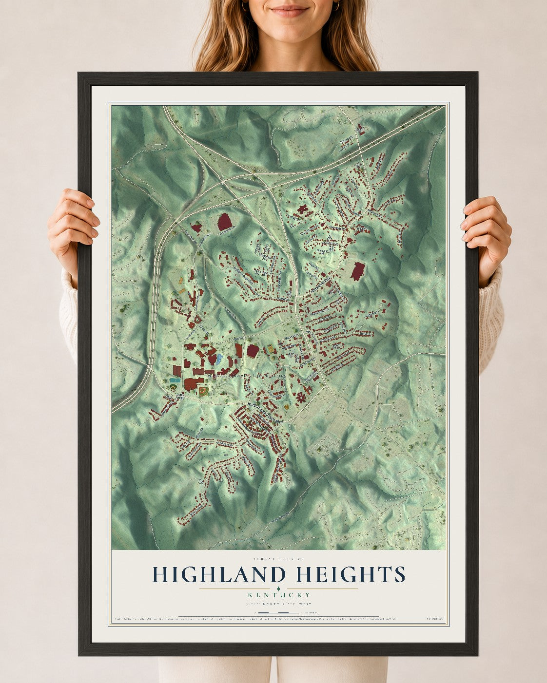 Map of Highland Heights, Kentucky, 24 x 36 inch print in a black wood frame