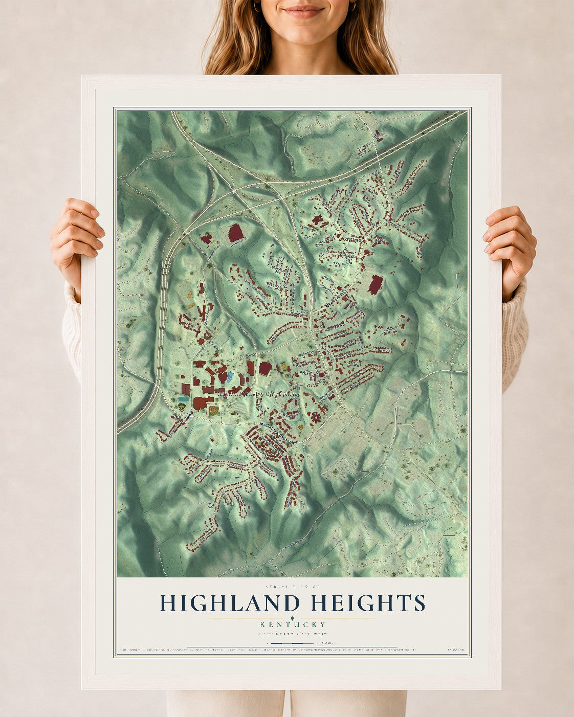 Map of Highland Heights, Kentucky, 24 x 36 inch print in a white wood frame