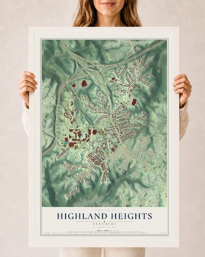Map of Highland Heights, Kentucky, 24 x 36 inch print in a white wood frame
