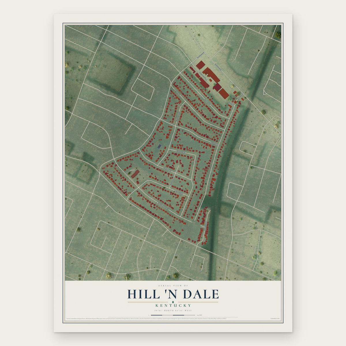 Hill 'n Dale, Kentucky map print, the full design