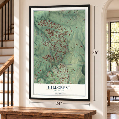 Hillcrest, Kentucky map, 24 x 36 inch print in a black frame by a staircase
