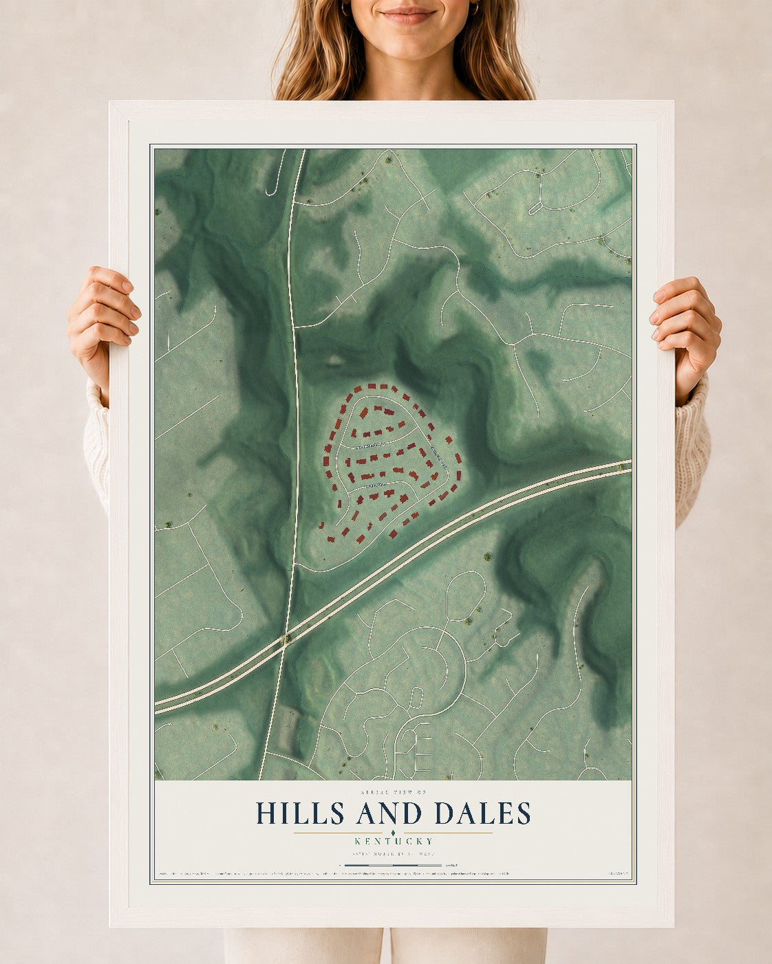 Map of Hills and Dales, Kentucky, 24 x 36 inch print in a white wood frame